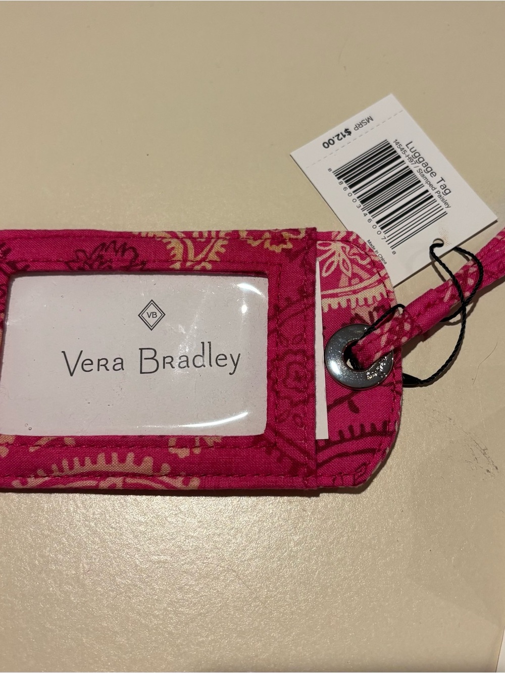 Vera Bradley Hot Pink Patterned Fabric Luggage Tag with Clear ID Window